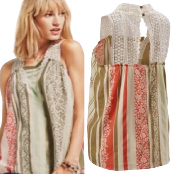 Cabi Whisper Gauze Sleeveless Floral Lace Top Cream Sage Green Pink Small - Picture 1 of 7